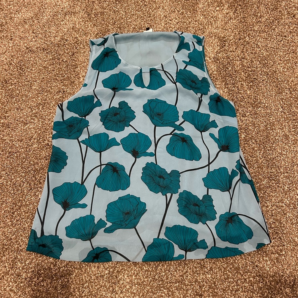CAbi Teal and Black Floral Tank Top